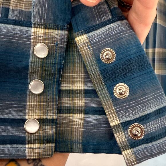 Vintage Ely Cattleman Pearl Snap Western Shirt Blue Tan Plaid Mens Large Cowboy - Picture 3 of 5